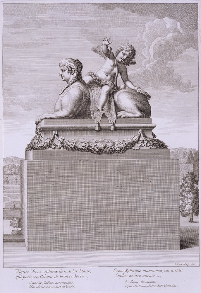 Figure of a sphinx in white marble, carrying a bronze Cupid, at Versailles, from 