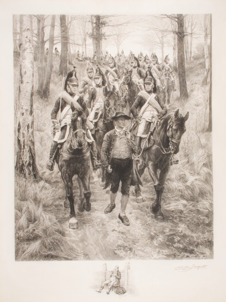 French cavalry travelling through woods with a guide, engraved by Achilles Jacquet (1846-1908) by Jean-Louis Ernest Meissonier