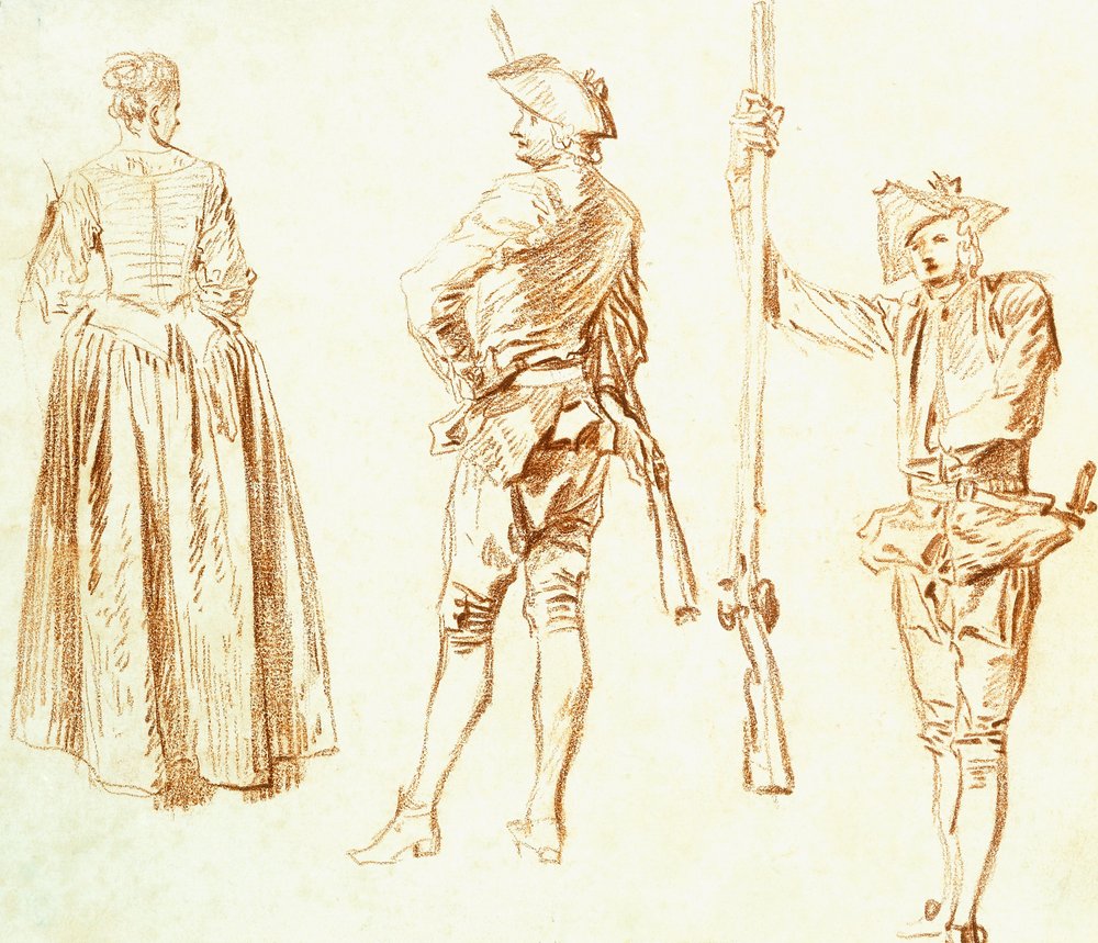 Study of a Young Woman and Two Huntsmen, c.1712-13 by Jean-Antoine Watteau