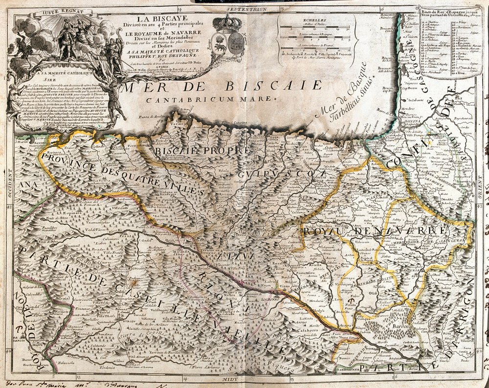 Map of the Biscay province (Spain) and the kingdom of Navarre (France), engraving by Jean-Baptiste Nolin
