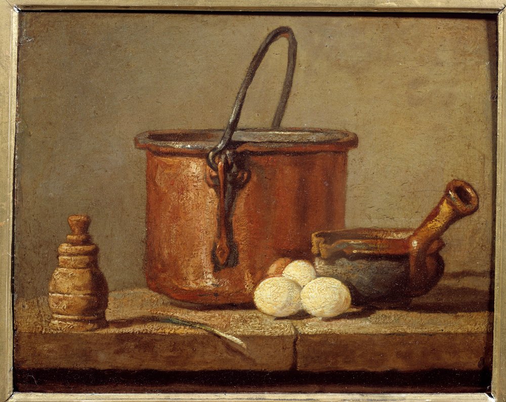 Kitchen Utensils, Cauldron, Poelon and Eggs by Jean-Baptiste Simeon Chardin