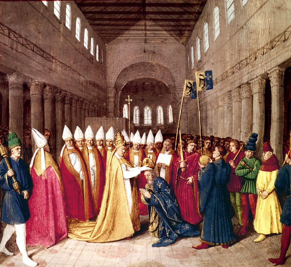 Coronation of Emperor Charlemagne on the 25th December, 800 in Rome by Pope Leo III, illumination from "Les Grandes Chroniques de France" by Jean Fouquet, c. 1455-1460 by Jean Fouquet