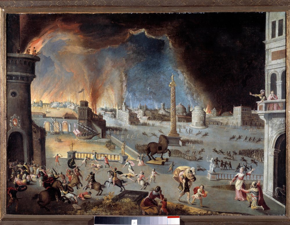 The Capture of Troy - Scene of the Trojan War, the city is devastated by the Greeks who penetrated the city thanks to the horse. Painting by Jean Maublanc (1582-1628). 17th century. Besançon, Museum of Fine Arts - The Fall of Troy - Scene of the Trojan War by Jean Maublanc