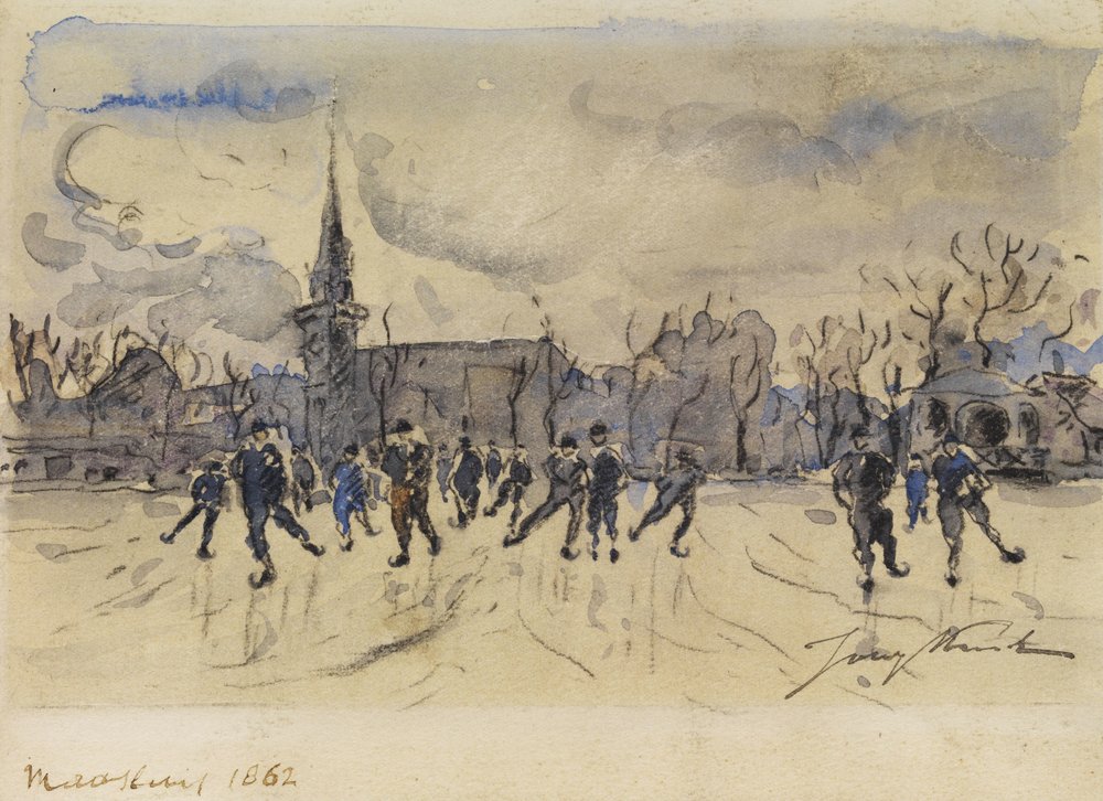 Johan Barthold Jongkind: Skaters in Front of a City Silhouette with Church Tower by Johan-Barthold Jongkind