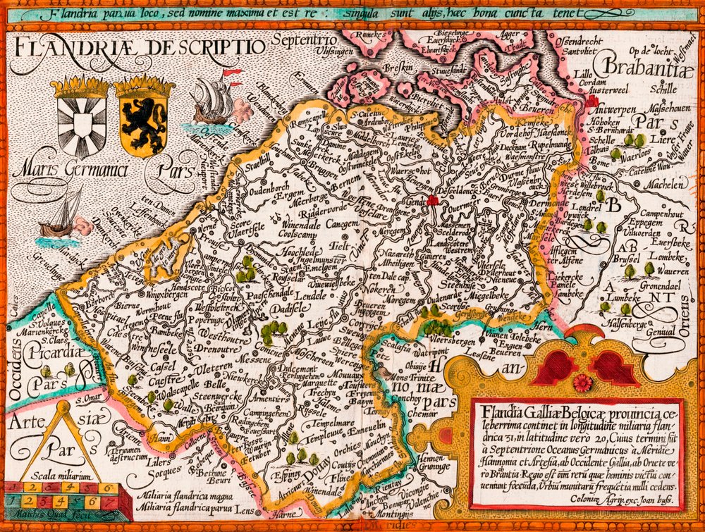 Map of Flanders, after cartographer Matthias Quad from his ’Fasciculus Geographicus’, later hand colouring by Johannes Bussemacher