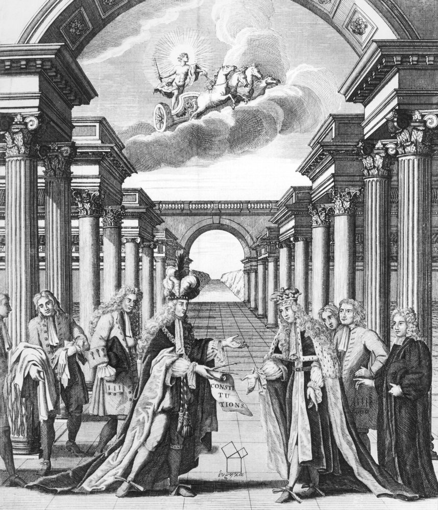 The constitutions of freemasonry by James Anderson, frontispiece, published by John Senex and John Hook, London, 1723 by John Pine