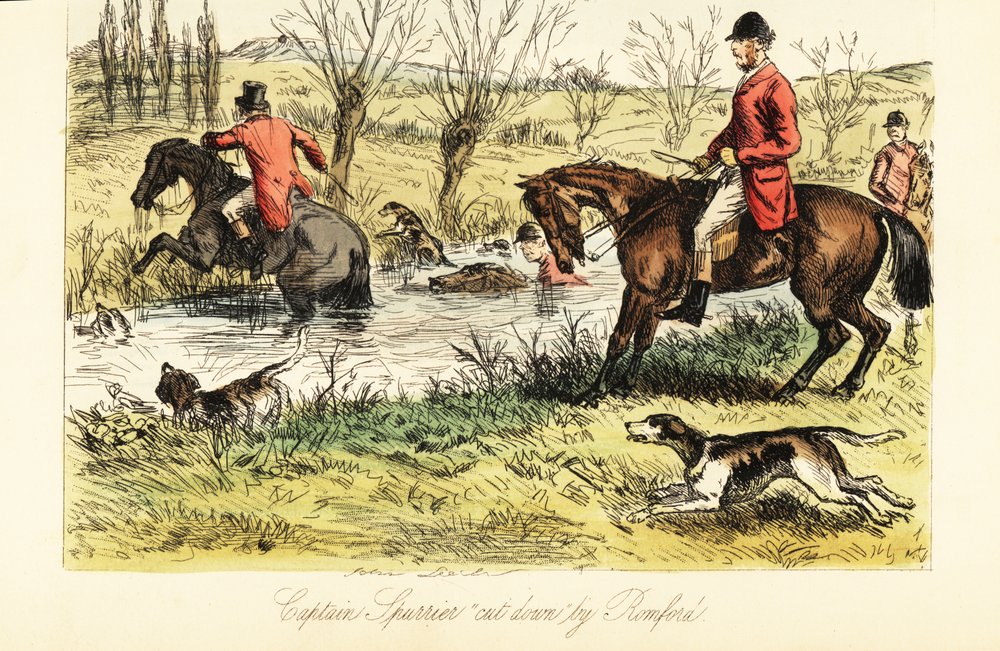English Huntsman Fording a River with Fox Hounds by John (after) Leech