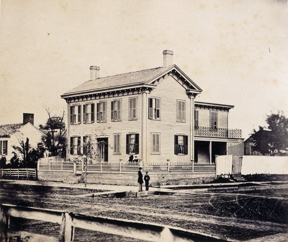 Abraham Lincoln posing before his Springfield, Massachusetts Home, c ...