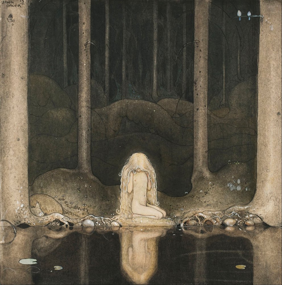 Princess Tuvstarr Is Still Sitting There Wistfully Looking into the Water, 1913 by John Bauer