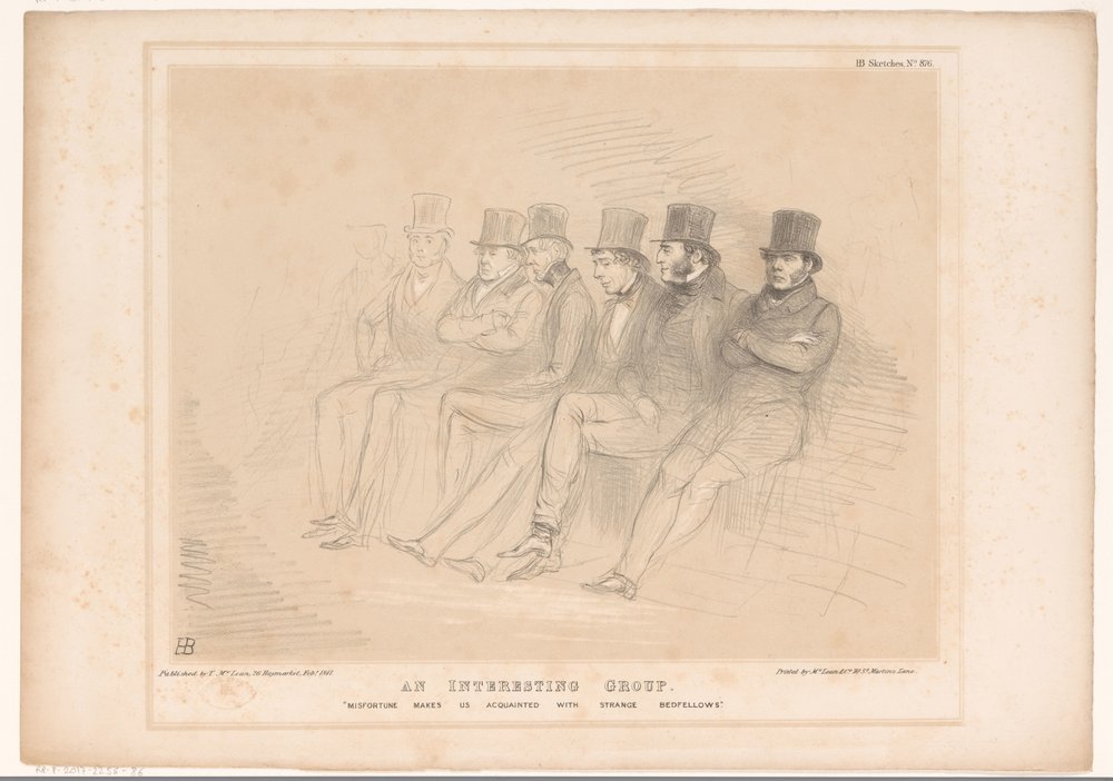 Caricature with Various Politicians in a Row (An Interesting Group. Misfortune Makes Us Acquainted with Strange Bedfellows) by John Doyle