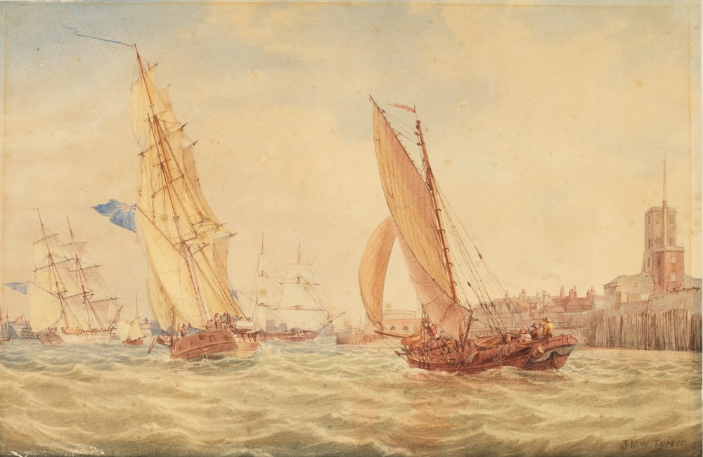 Three sloops of war and a fishing smack going into harbour, Portsmouth ...