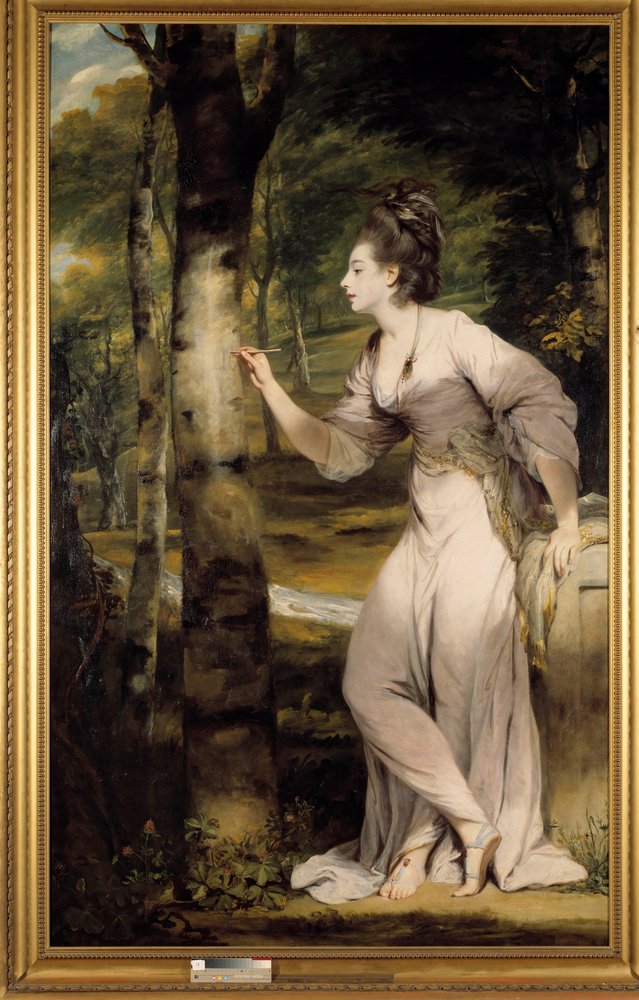 Full-length portrait of Mrs Lloyd: An elegant woman carves a name on a tree trunk in a romantic atmosphere. Painting by Joshua Reynolds (1723-1792). 18th century. Private collection by Joshua Reynolds