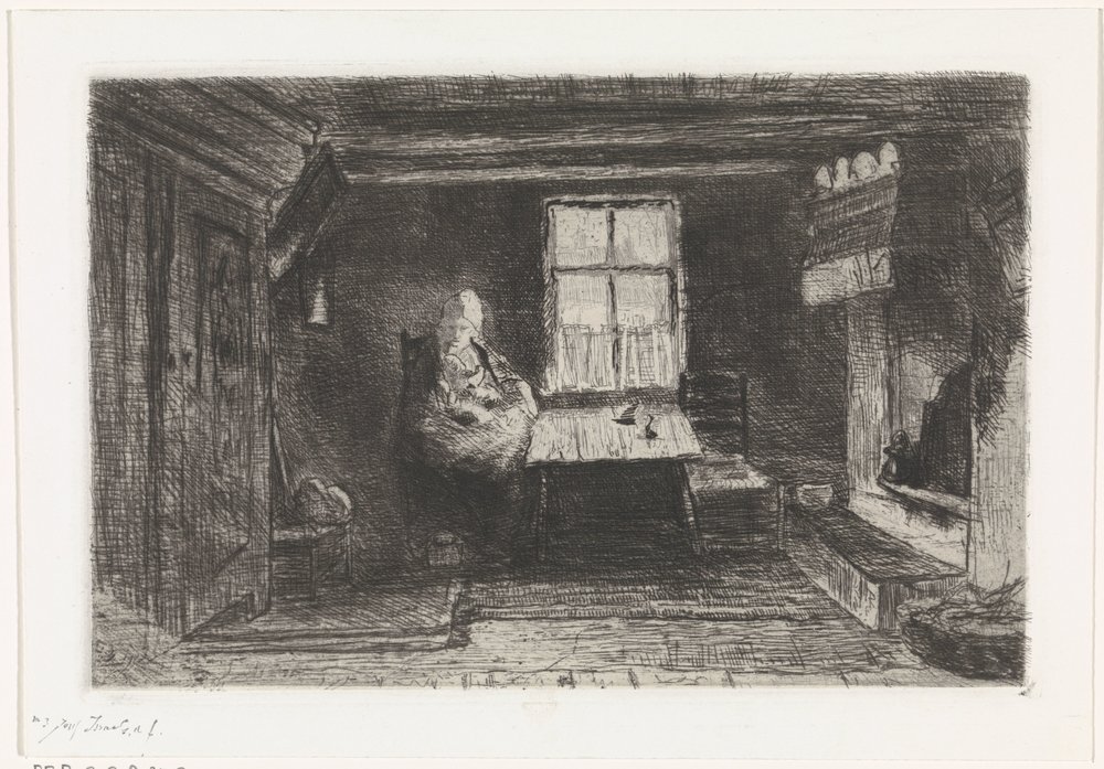 Interior with Mother and Child by Jozef Israëls (signed by artist)