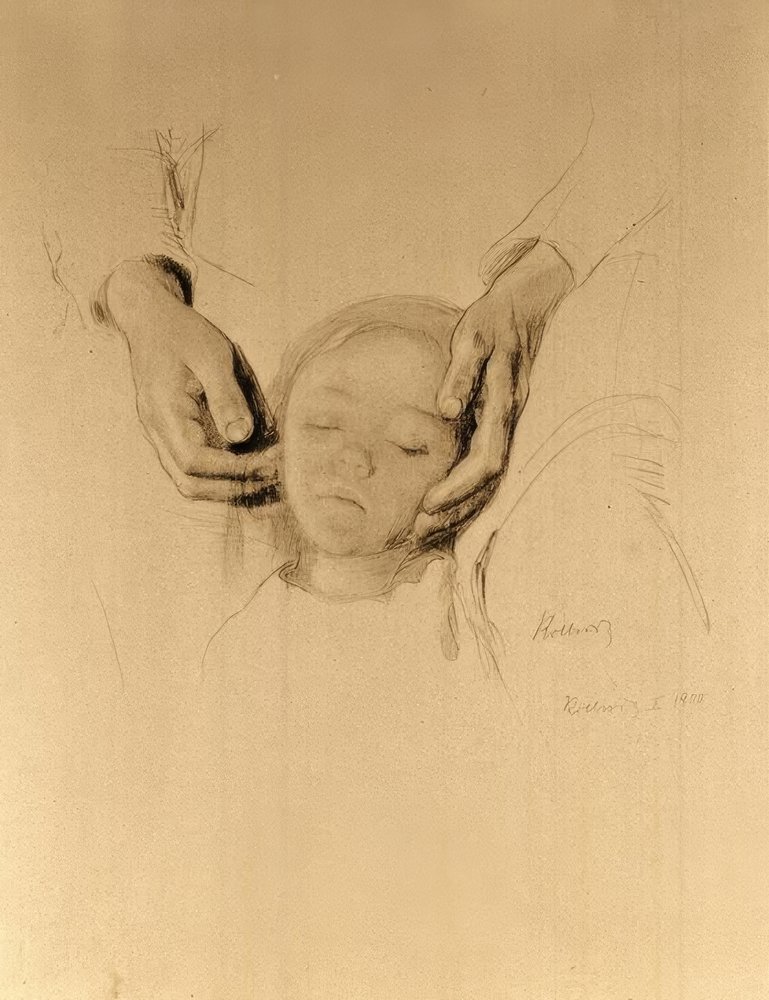 Head of a child in hands by Käthe Kollwitz