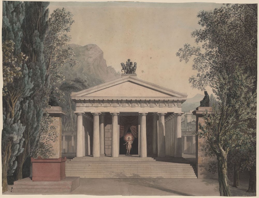 Alceste (?). Opera by Christoph Willibald Gluck. Design for a stage set. Doric temple in a southern landscape by Karl Friedrich Schinkel