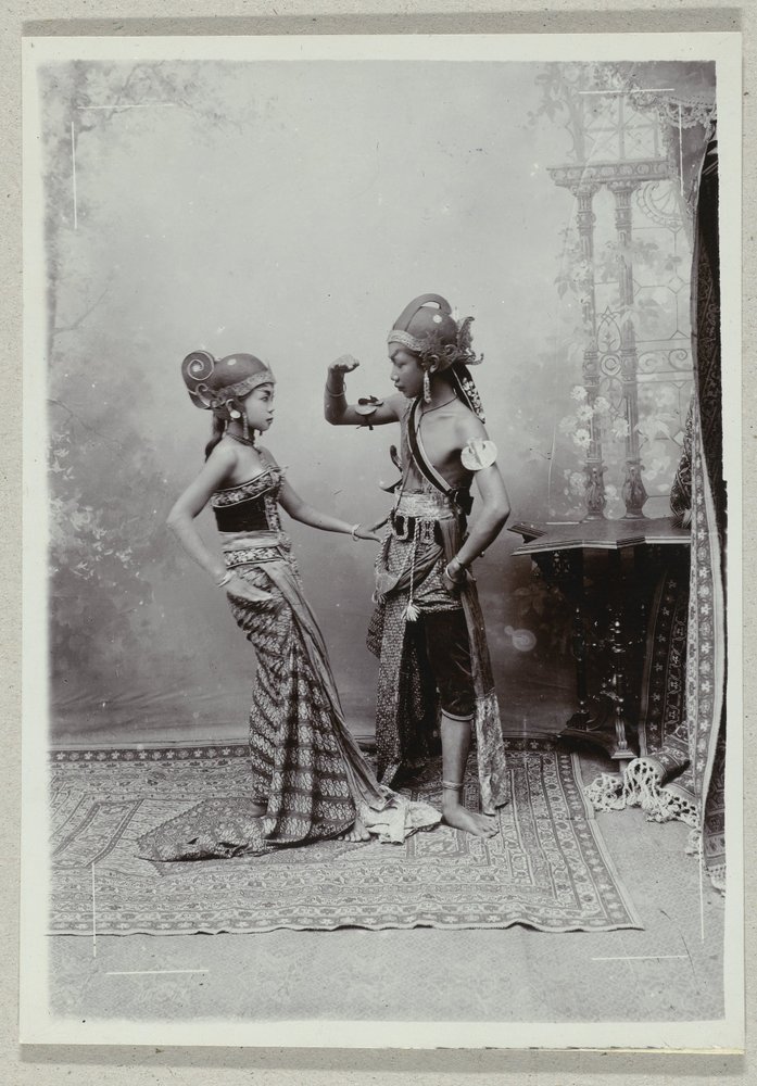 Studio Portrait of Two Javanese Dancers in Traditional Clothing and Makeup