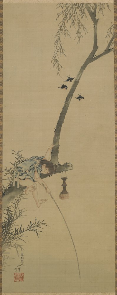 A boy fishing from the limb of a tree, Edo period