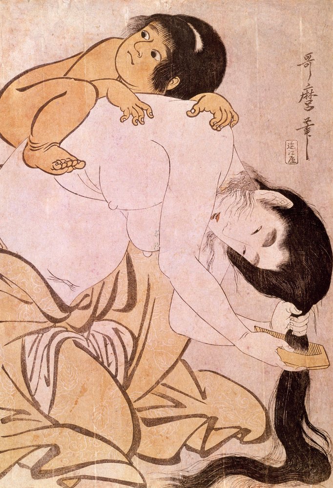 Yamauba and Kintoki. The mother combs her hair while carrying her child on her back. Japanese print by Utamaro Kitagawa (1753-1806). 18th century. Paris, Guimet Museum, Asian Arts Museum by Kitagawa Utamaro