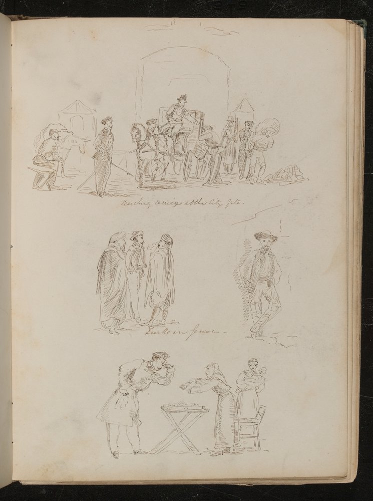 Searching carriages at the city gate and three studies inscribed 
