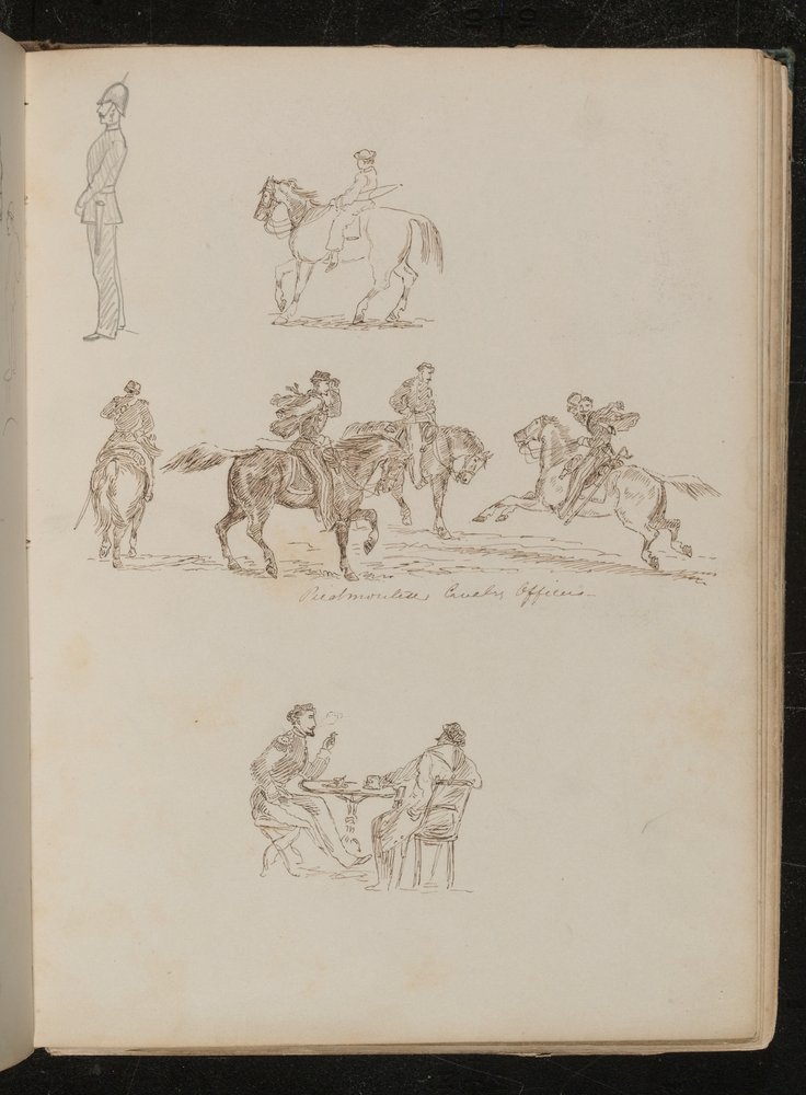 Soldier in full uniform, studies of a youth with fishing rod on ...