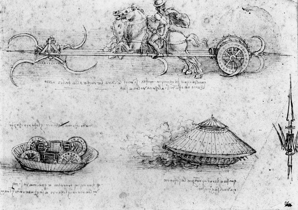 Studies of military tank-like machines; including one at the top with ...