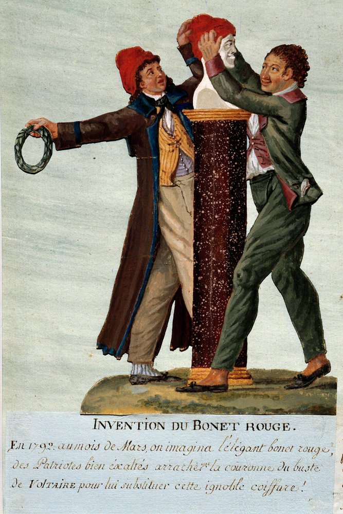 French Revolution: “The Invention of the Red Cap” - Two Revolutionaries Remove the Crown from Voltaire