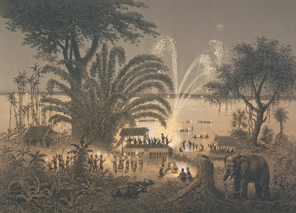 Fireworks on the River at Celebrations in Bassac, illustration from ...