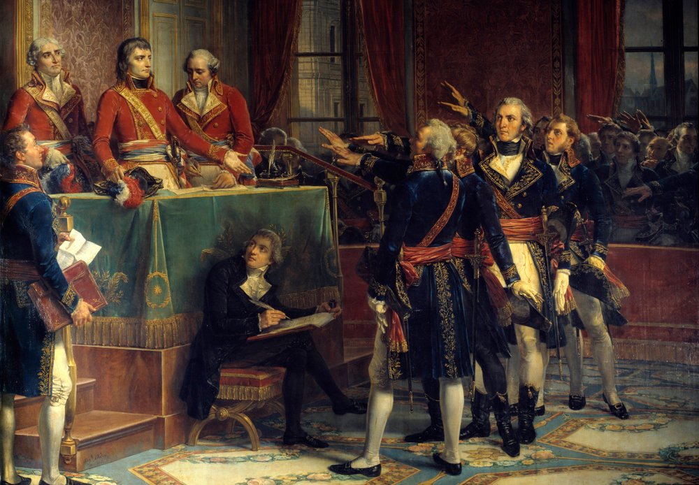 The three consuls: Bonaparte, Cambacérès and Lebrun receiving the oaths of presidents. On the right, Emmanuel-Joseph Sieyès (1748-1836) and Pierre-Roger Ducos (1747-1816). Painting by Louis Charles Auguste Couder by Louis Charles Auguste Couder