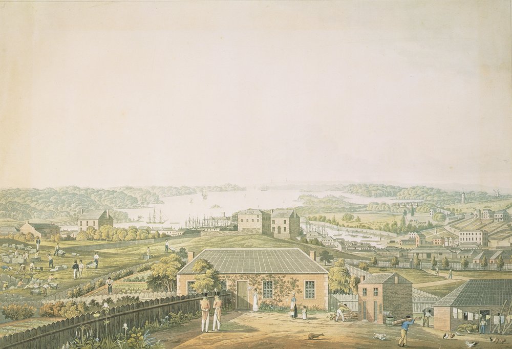 The Entrance of Port Jackson, and part of the town of Sydney in New South Wales, left section of panoramic view, c.1821 by Major James Taylor