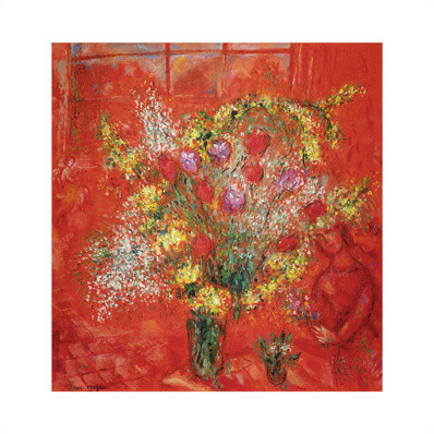 Flowers on Red Background by Marc Chagall