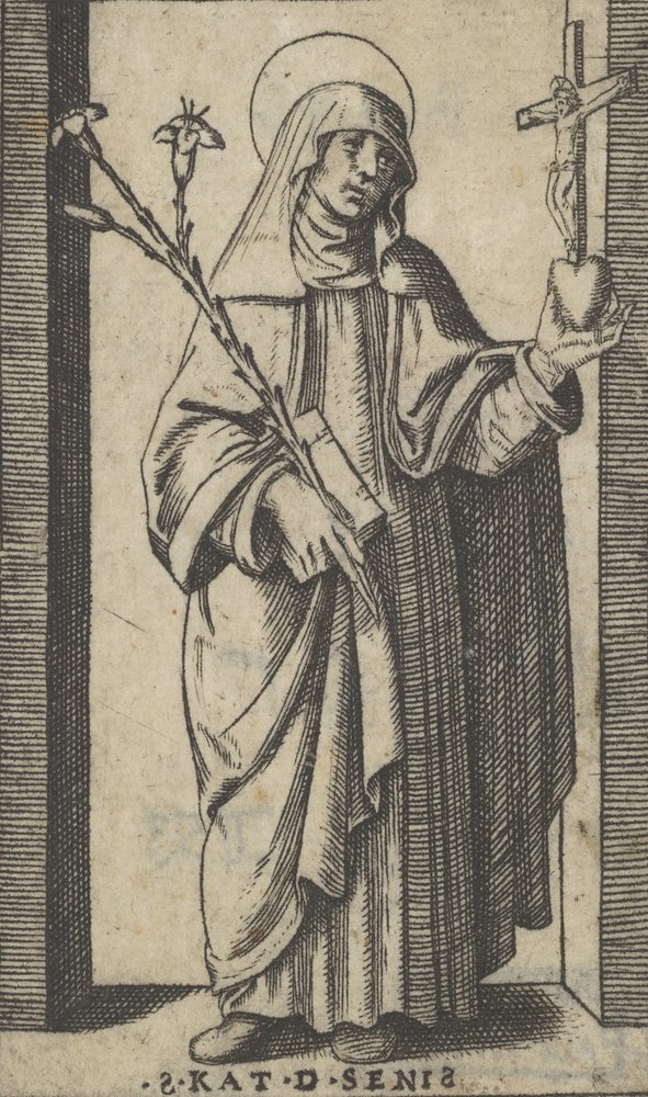 Saint Catherine of Siena standing holding flowers and book in her right hand by Marcantonio Raimondi