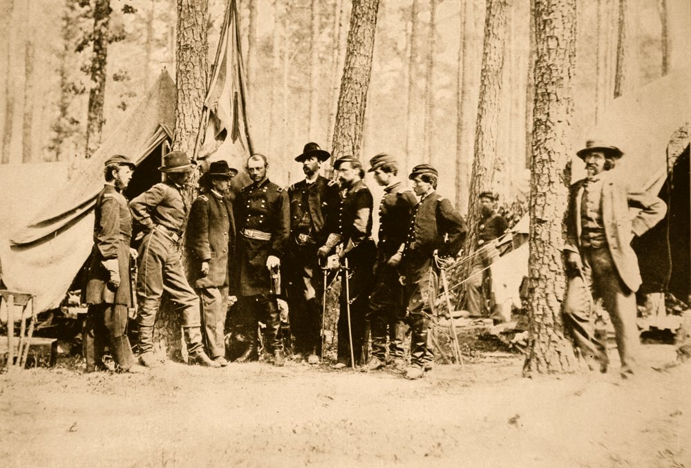 General Potter and Staff with Mathew Brady Leaning on a Tree, 1861-65