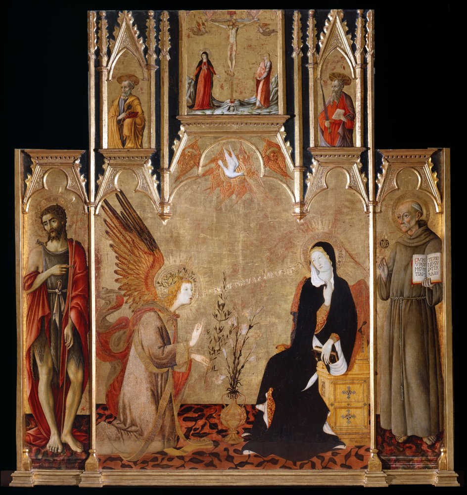 Annunciation with Saints John the Baptist and Bernardino da Siena. The Crucifixion. Saints Peter and Paul, Between 1455 and 1464 by Matteo di Giovanni