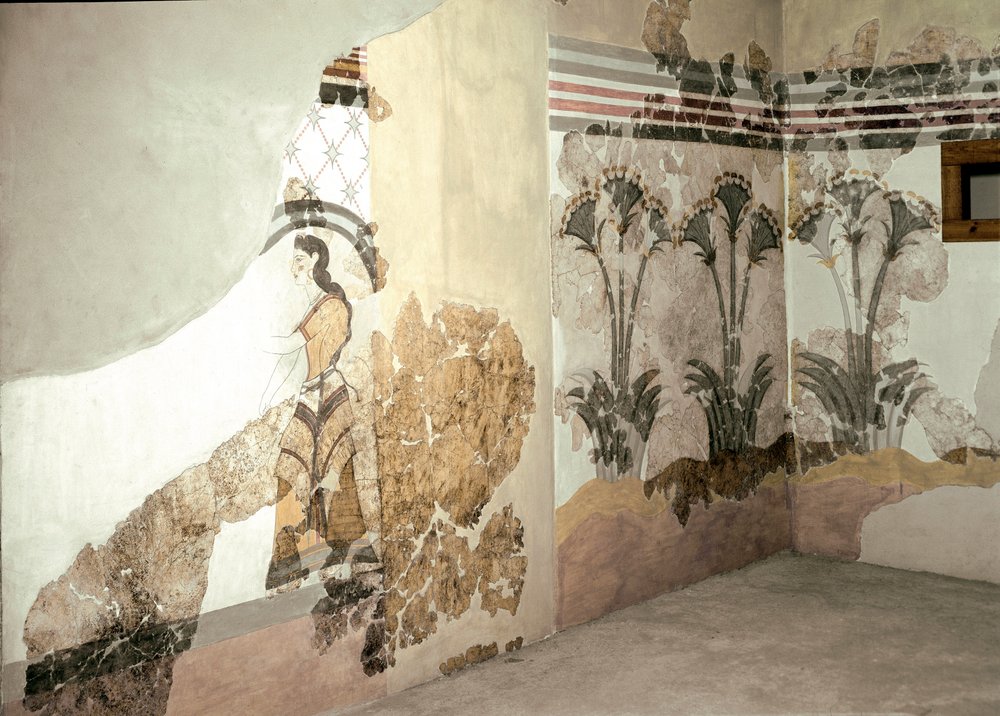 Minoan Art: “The Woman with Lilies”. Fresco from Akrotiri on Santorini. 16th century BC. Athens, National Archaeological Museum by Minoan