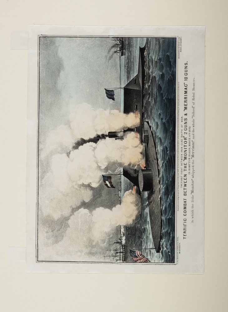Terrific Combat between the Monitor Two Guns and Merrimac Ten Guns, c.1862 by N. and Ives, J.M. Currier