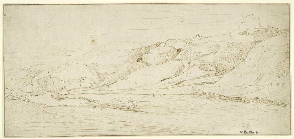 Mountainous Landscape with Two Houses by Nicolas Poussin