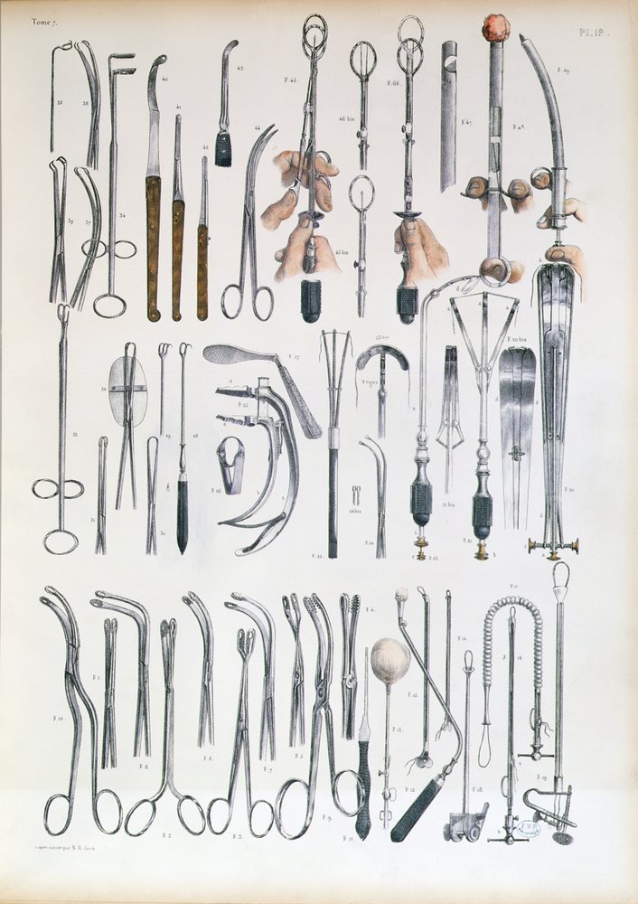 Surgical instruments for tonsil operations, plate from 'Traite Complet ...