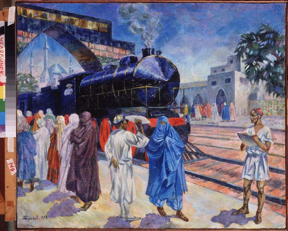 The First Train. In a Central Asian Station, with a Mosque in the ...