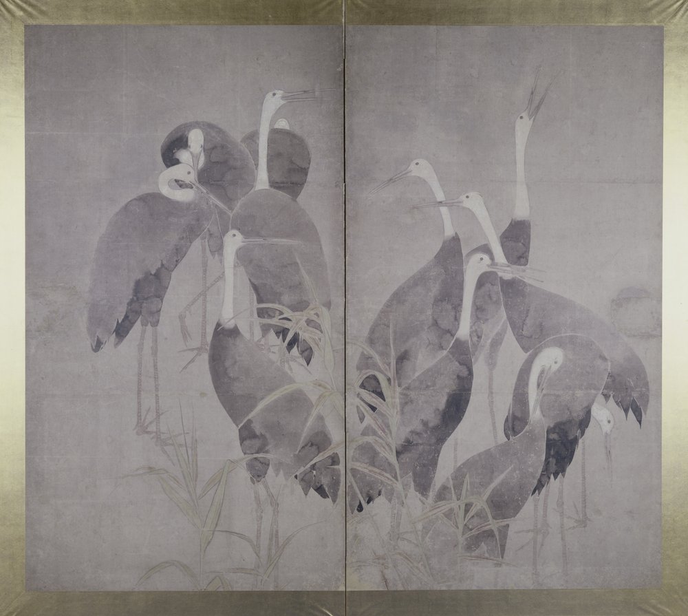Eleven Female Cranes Standing in Dry Reed Bed, c.1700-50