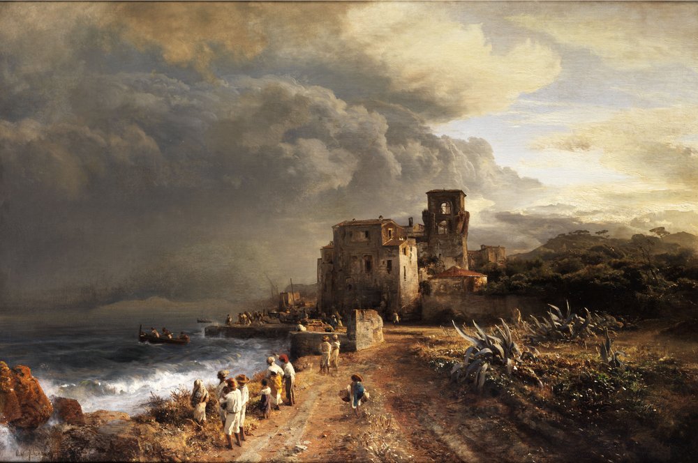 Shaded coastal landscape with staffage figures by Oswald Achenbach
