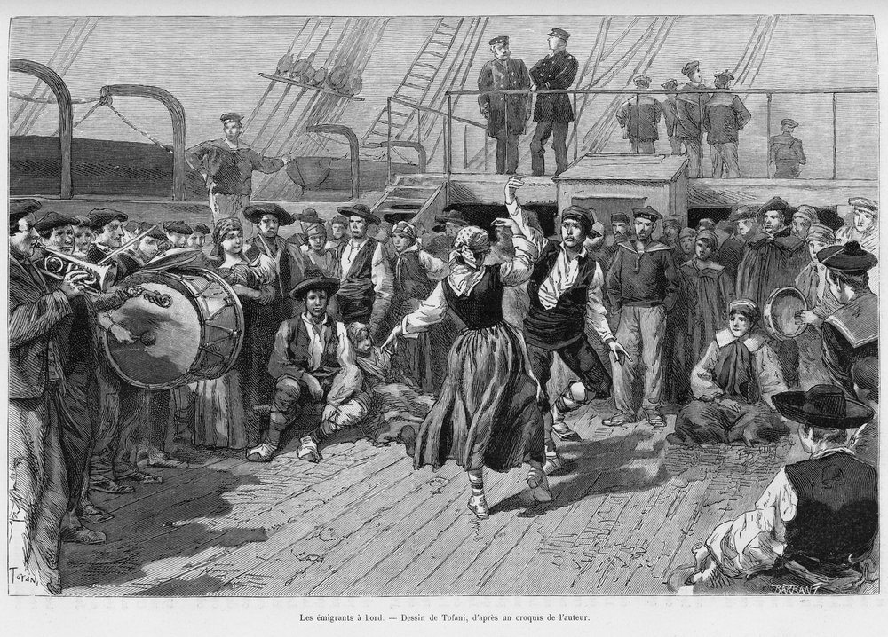 The emigrants on board. Engraving to illustrate the story Voyage a la ...