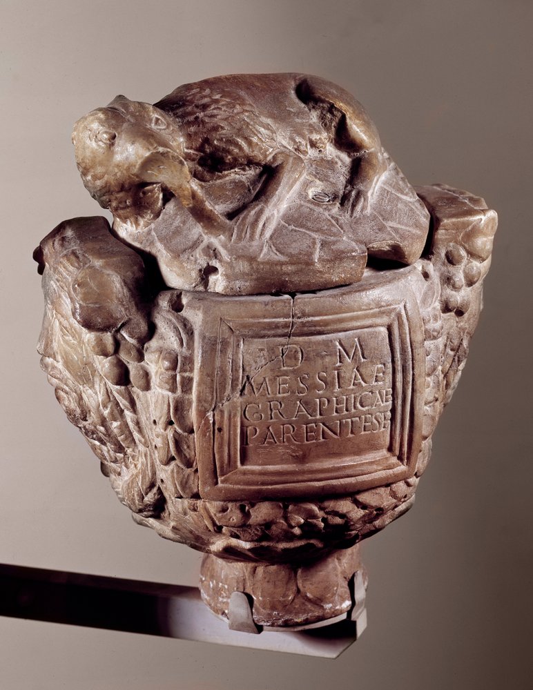 Cinerary urn Messiae graphicae. From Avranches. Saint-Germain-en-Laye, Museum of National Archaeology by Paleo-Christian