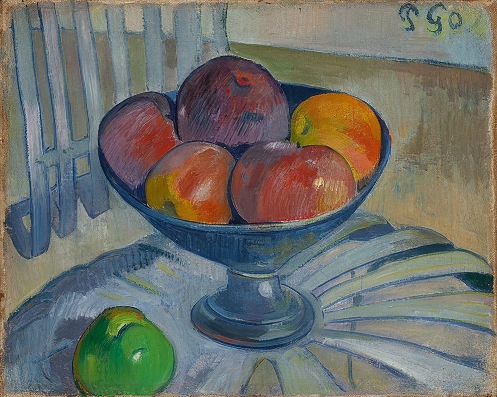 Fruit bowl on a garden chair. Around 1890 by Paul Gauguin