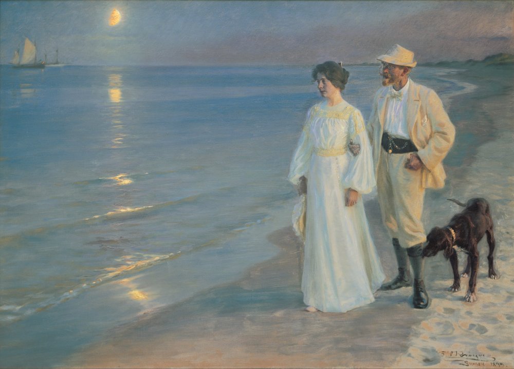 Summer evening on the beach at Skagen. The painter and his wife. by Peder Severin Krøyer