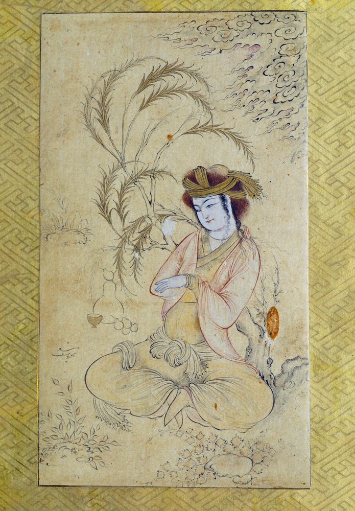 Persian Art: Young Man Reverting Under a Willow, Anonymous Gouache of ...
