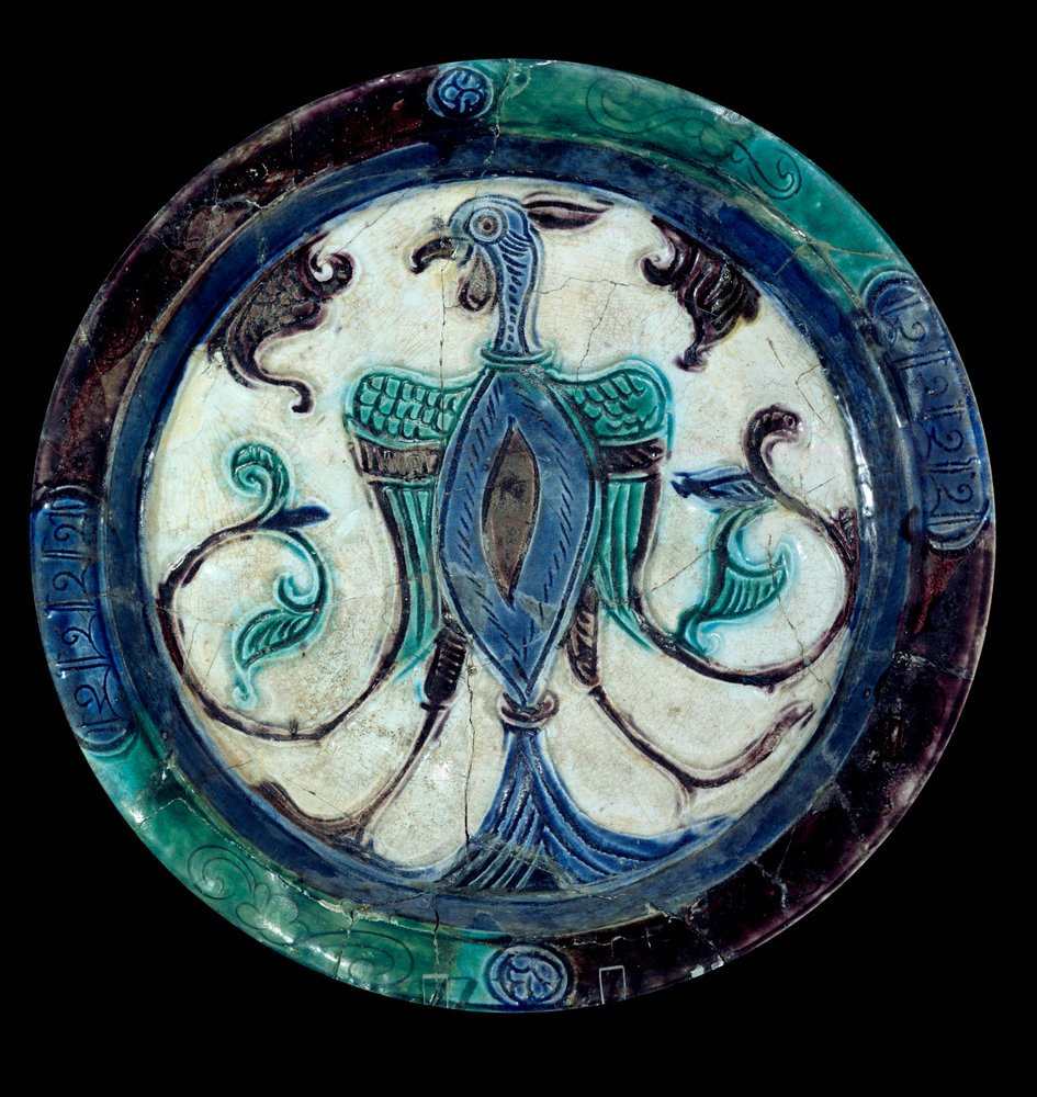 Persian Art: Dish in Polychrome Faience with the Representation of a Bird by Persian School
