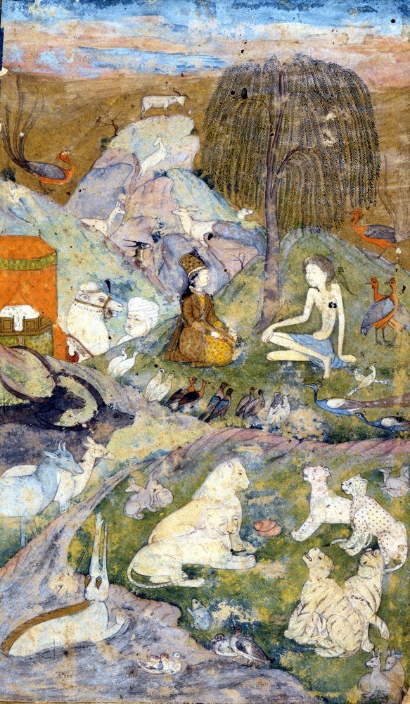 Persian miniature of the 17th century representing the Creation of the World: Man and Woman are represented near the tree of life, as well as all animals. Zoroastrianism: religion of Zarathustra (Zarathustra, Zarathushtra, Zarathustra or Zoroastra) by Persian School