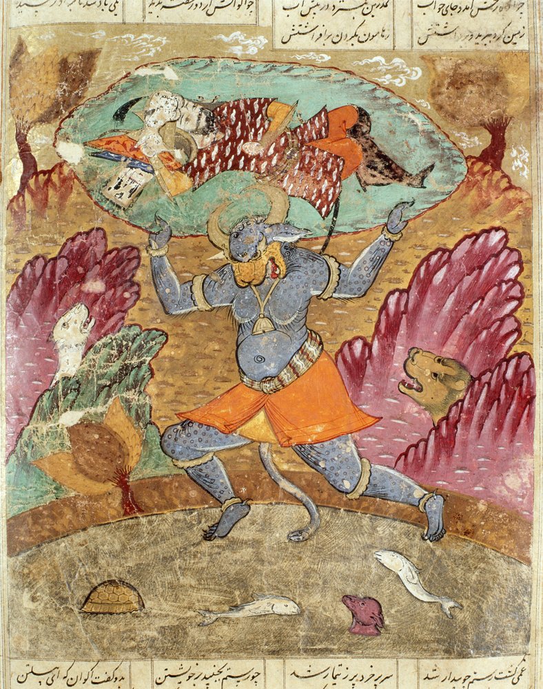 Rostam carried by Akwan-Diwa, illustration from the Shahnama (Book of ...