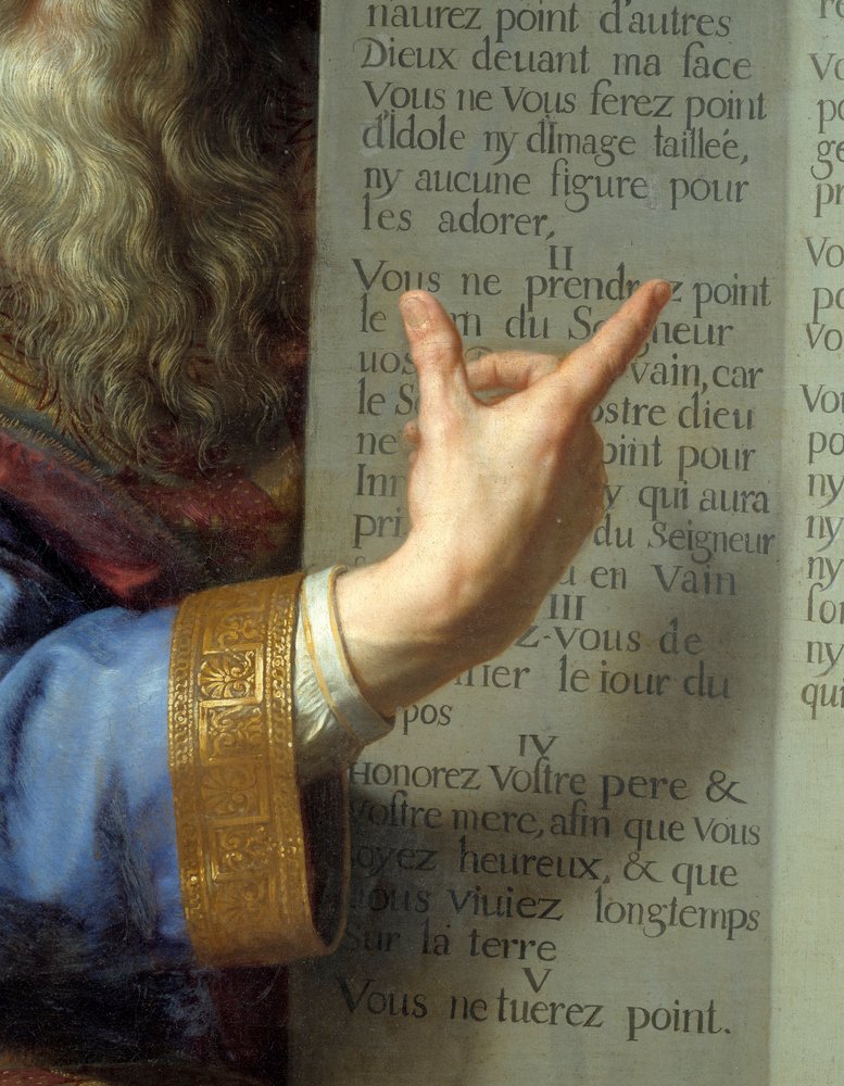 Moses and the tables of the Law, detail of the hand of Moses showing the Ten Commandments. Flemish School by Philippe de Champaigne