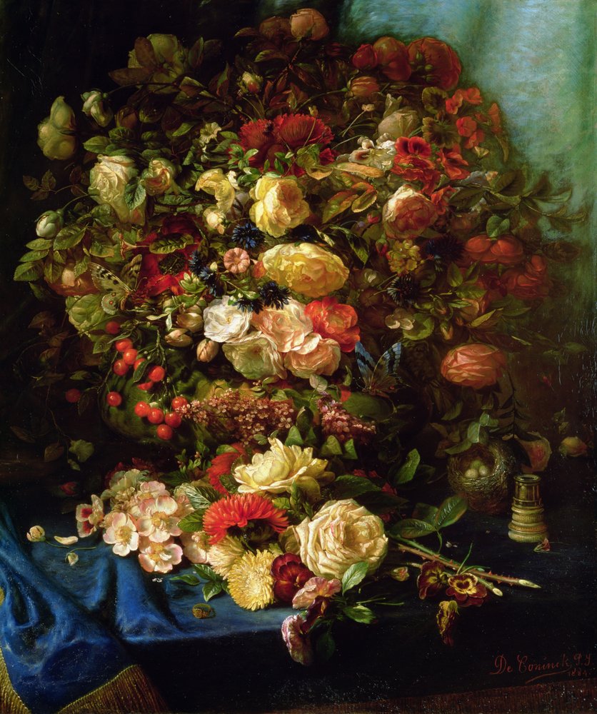 Still Life of Flowers on a Ledge with Bird's Nest